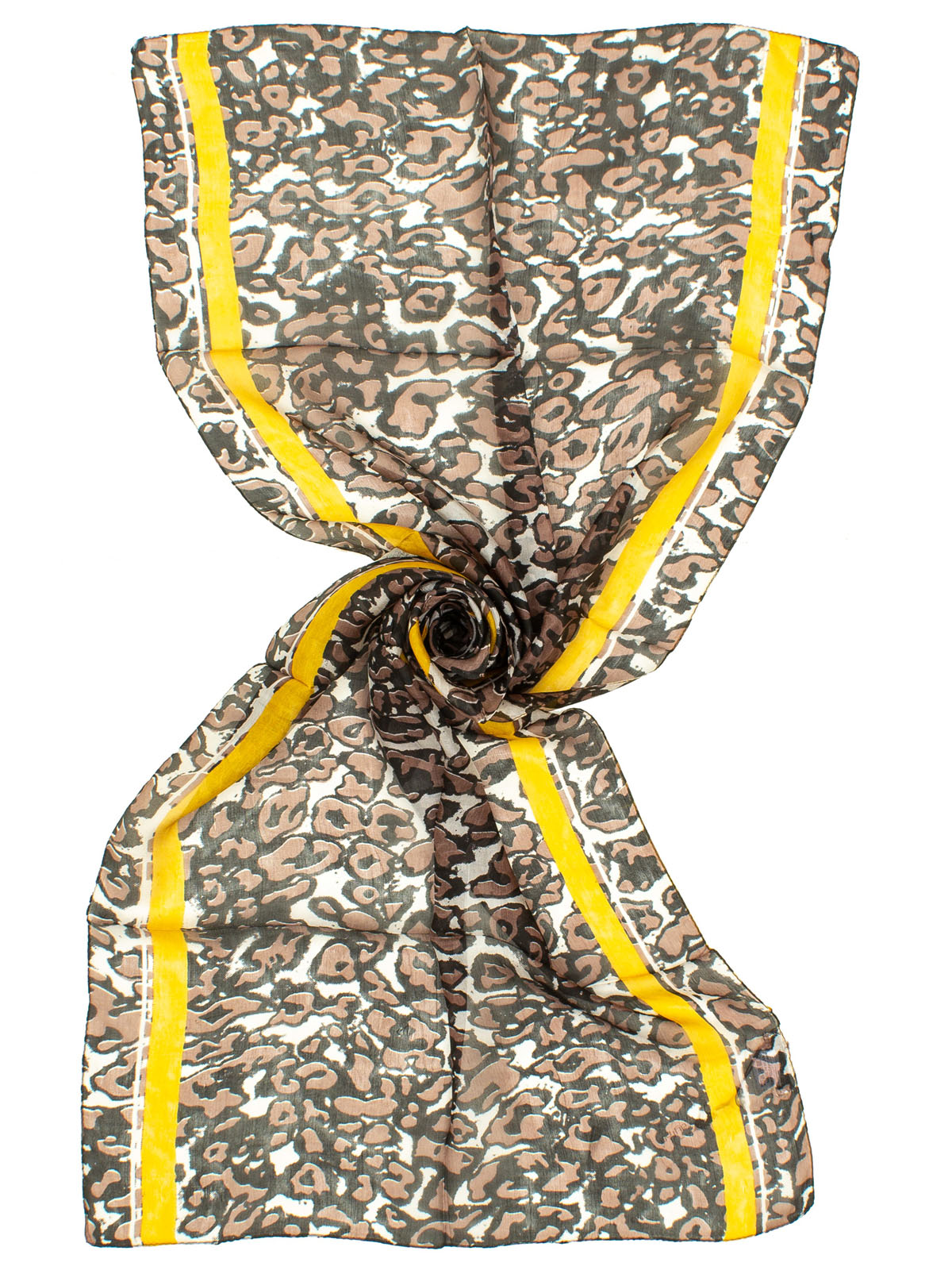 SCIARPA SETA STAMPA ANIMAL E BANDE FLUO 50X180 CM MADE IN INDIA - CHOCO/YELLOW
